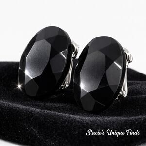 Vintage Les Bernard Oval Black Faceted Lucite Pierced Clip On Earrings 1 3/4"